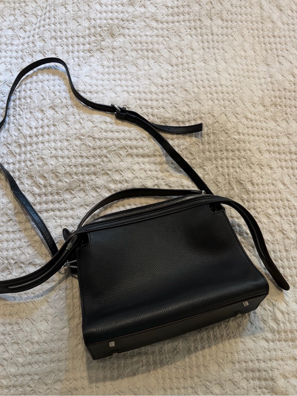 Black Leather Zip-Top Tote Bag